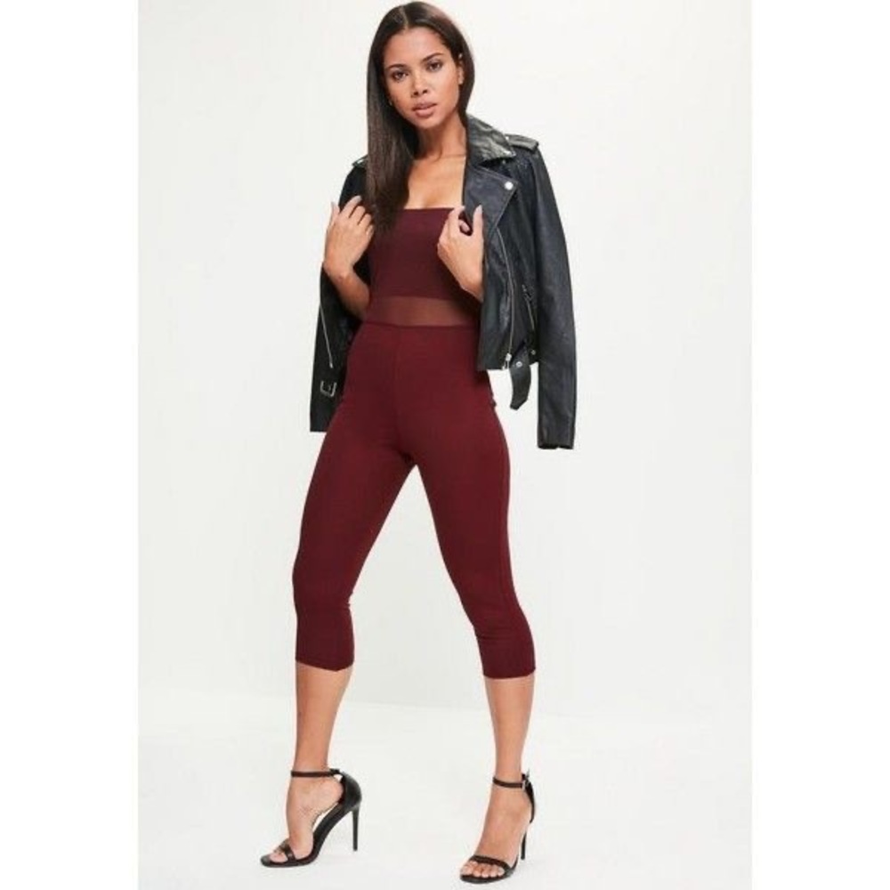 Burgundy Mesh Waist Cropped Bandeau Jumpsuit